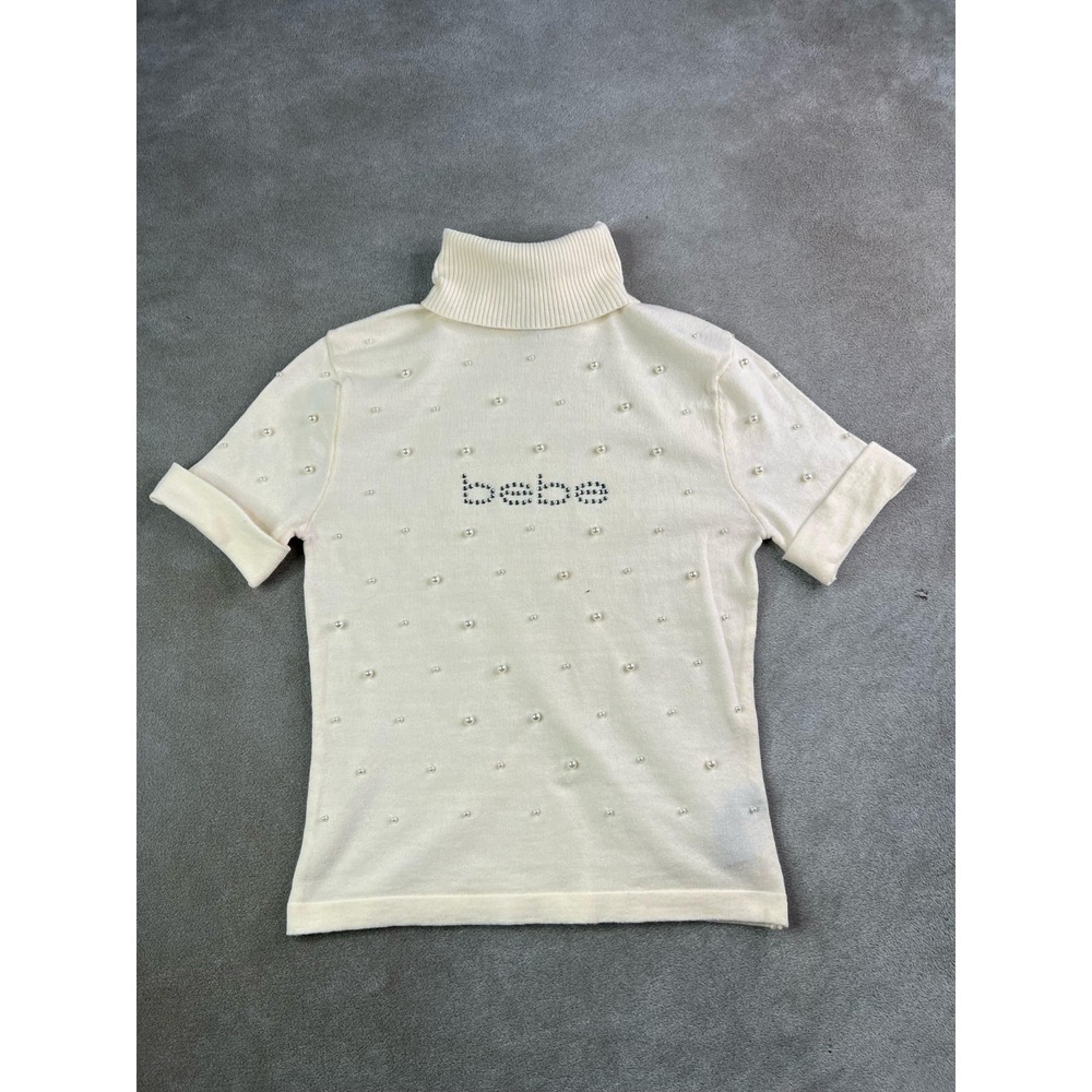Bebe Sweater Womens Large Ivory Rhinestone Pearl Details Turtleneck Y2K Glamcore